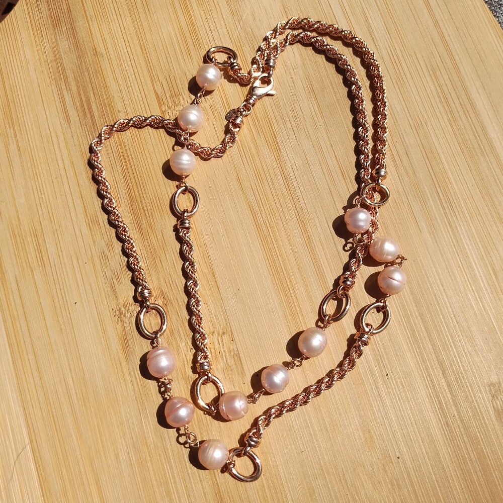 Honora Bronze Italy Genuine Pink Pearl Necklace, Rose Gold Finish, 36" Long. - Picture 4 of 14